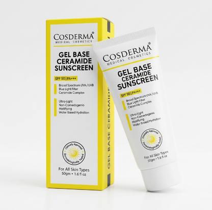 Cosderma Gel Base Sunscreen – Broad Spectrum UVA/UVB & Blue Light Shield with Ceramide Complex (Oil-Free, Ultra-Light Formula)