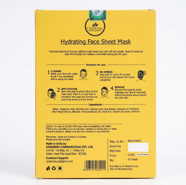 Cosderma Hydrating Face Sheet Mask | Ultimate Moisture & Radiance (Pack of 10)