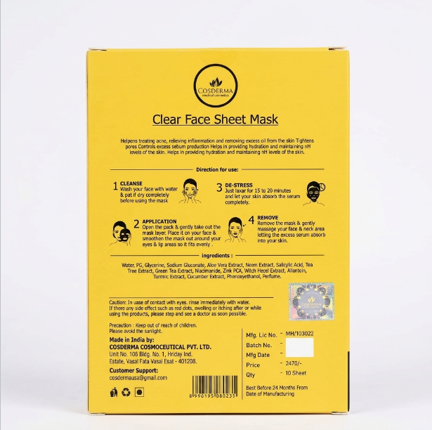 Cosderma Clear Face Sheet Mask - Acne Treatment & Oil Control (Pack of 10)
