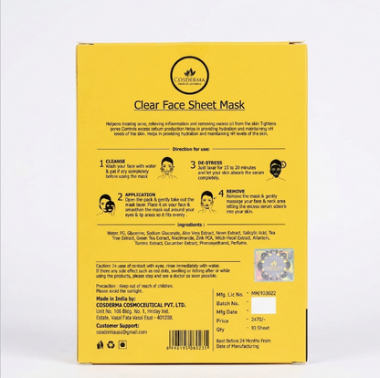 Cosderma Clear Face Sheet Mask - Acne Treatment & Oil Control (Pack of 10)