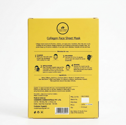 Cosderma Collagen Face Sheet Mask | Anti-Aging & Hydrating Mask (Pack of 10)