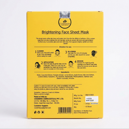 Cosderma Brightening Face Sheet Mask for Unify Skin Tone & Radiant Glow (Pack of 10)