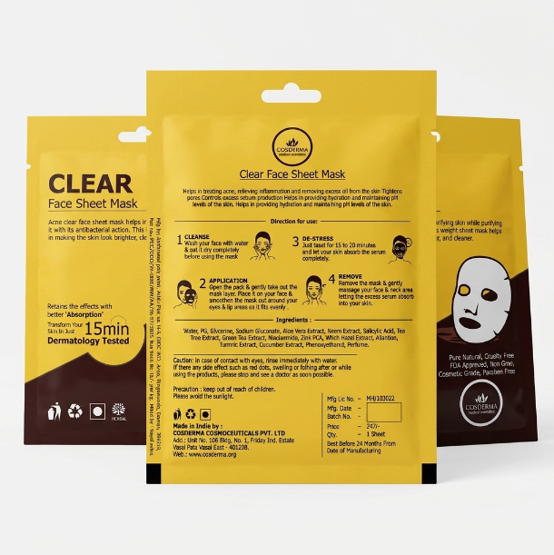 Cosderma Clear Face Sheet Mask - Acne Treatment & Oil Control