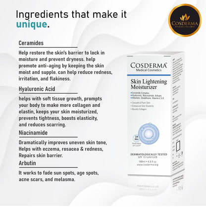 Cosderma Skin Lightening Moisturizer – With Niacinamide, Arbutin, Glutathione & Vitamin C | Brightening, Hydrating & Collagen-Boosting Daily Moisturizer | 180ml