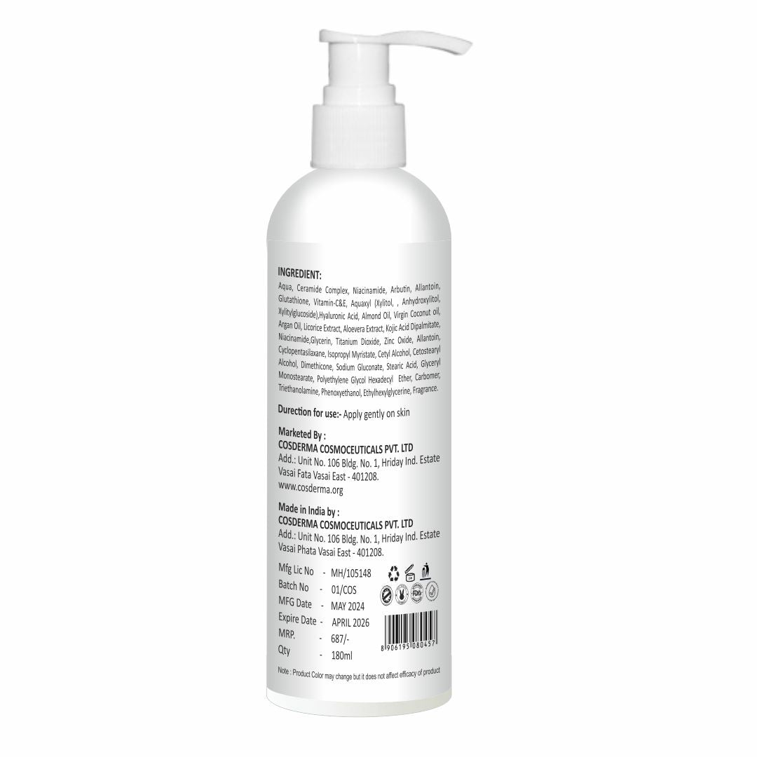 Cosderma Skin Lightening Moisturizer – With Niacinamide, Arbutin, Glutathione & Vitamin C | Brightening, Hydrating & Collagen-Boosting Daily Moisturizer | 180ml