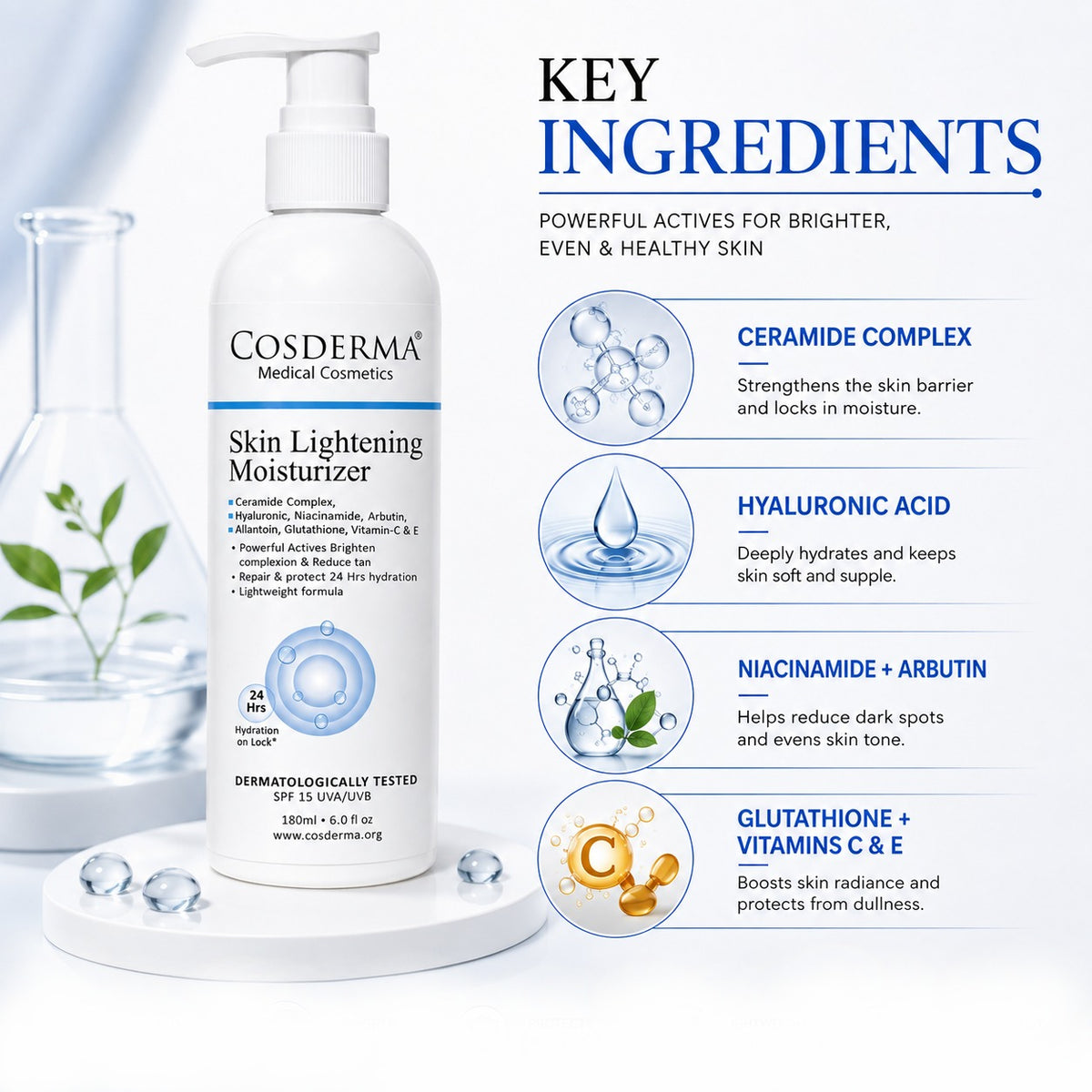 Cosderma Skin Lightening Moisturizer – With Niacinamide, Arbutin, Glutathione & Vitamin C | Brightening, Hydrating & Collagen-Boosting Daily Moisturizer | 180ml