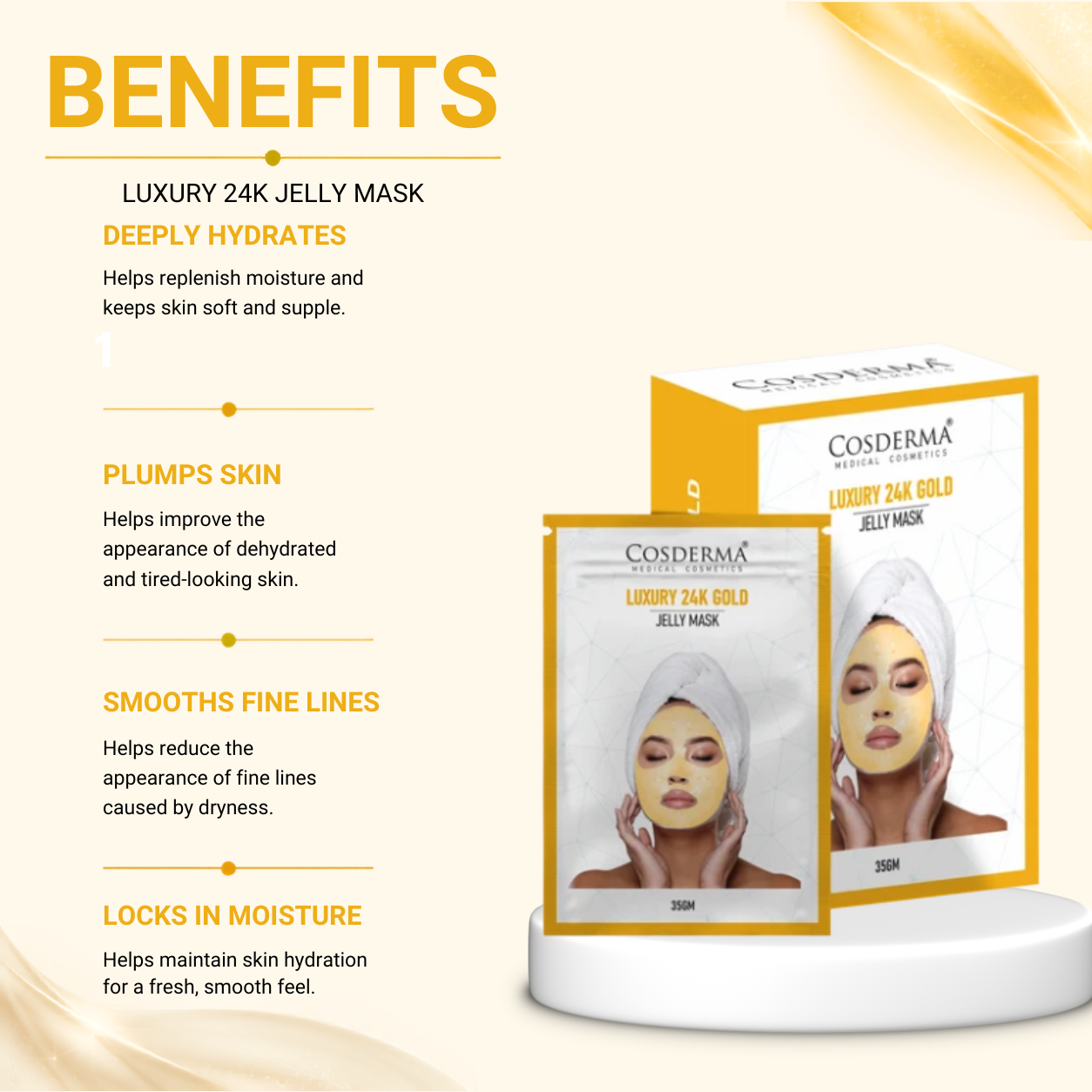 Cosderma Luxury 24K Gold Jelly Mask (10 x 35gm) – Brightening, Firming & Anti-Aging Peel-Off Facial Mask