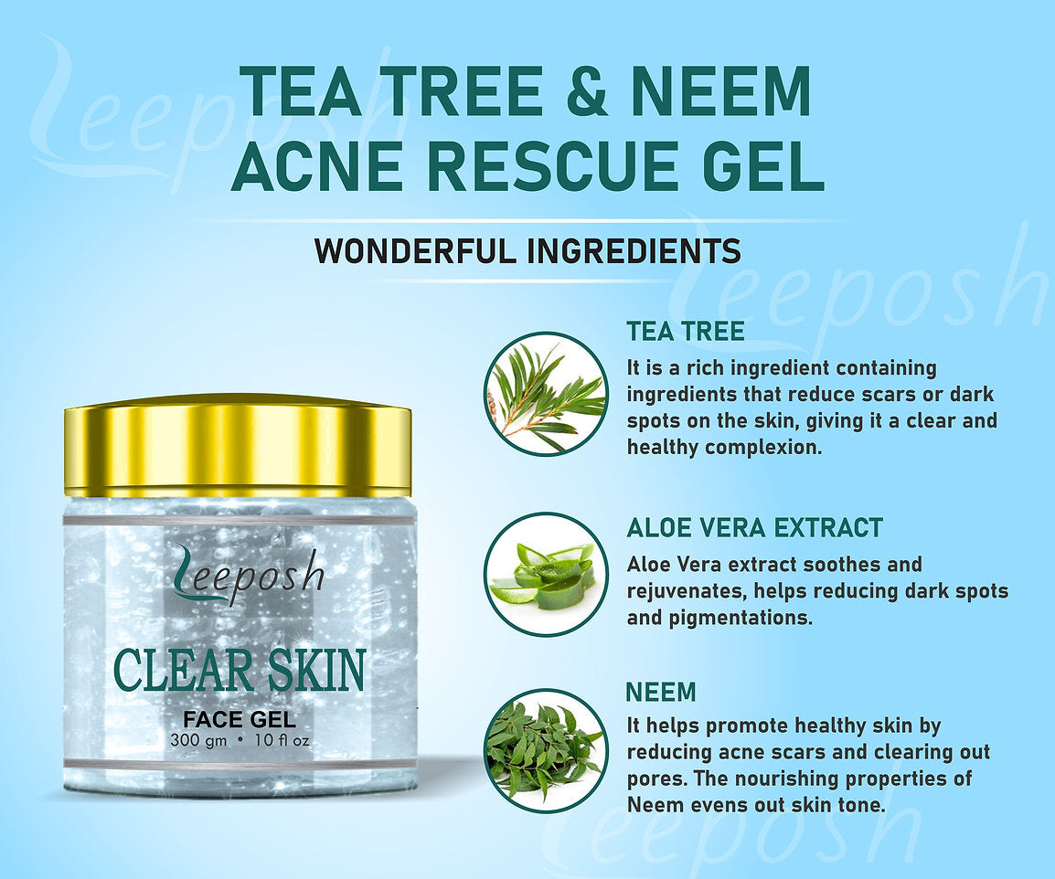 Leeposh Clear Skin Face Gel | Tea Tree & Neem Acne Gel for Oily to Normal Skin – 300 gm