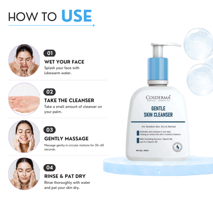 Cosderma Gentle Skin Cleanser for Sensitive & Dry to Normal Skin – Hydrating Creamy Formula (250ml)