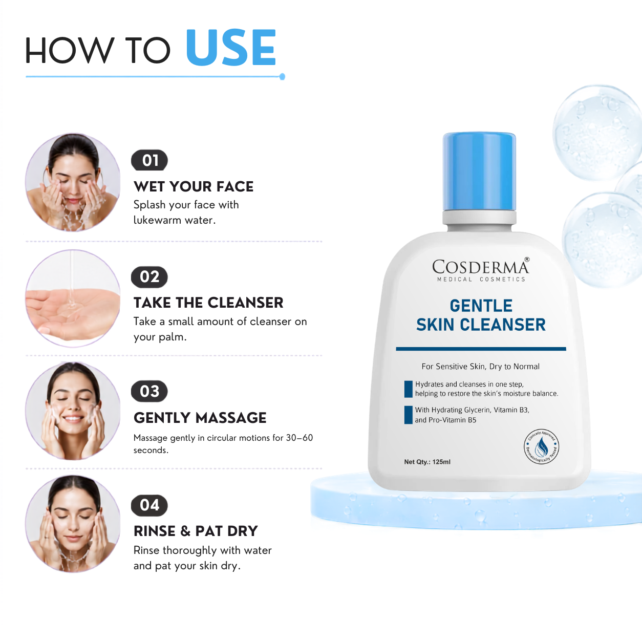 Cosderma Gentle Skin Cleanser for Sensitive & Dry to Normal Skin – Hydrating Creamy Formula
