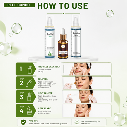 Cosderma Glycolic 30% Peel Combo – Pre Peel Cleanser, Glycolic Gel Peel & Neutralizer Spray for Acne, Pigmentation & Skin Renewal