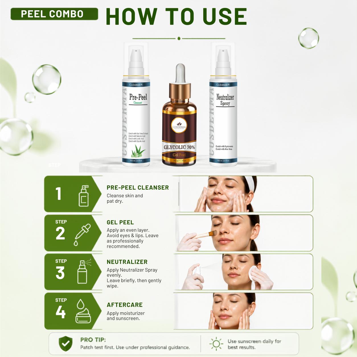 Cosderma Glycolic 70% Peel Combo – Pre Peel Cleanser, Glycolic Gel Peel & Neutralizer Spray for Advanced Exfoliation, Acne & Pigmentation