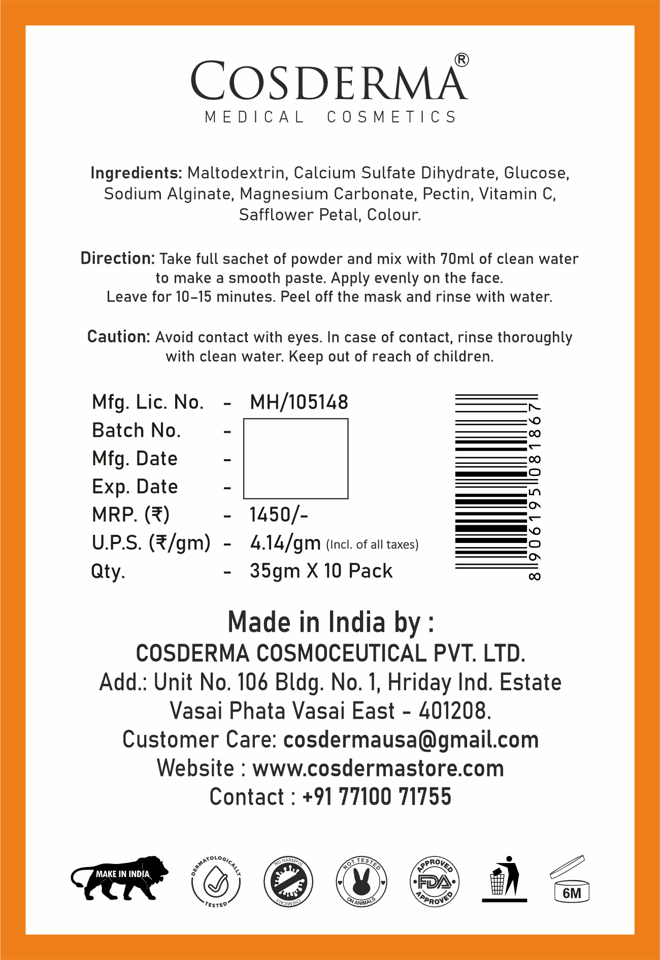 Cosderma Vitamin C Jelly Mask (10 x 35gm) – Brightening, Anti-Pigmentation & Glow Peel-Off Facial Mask