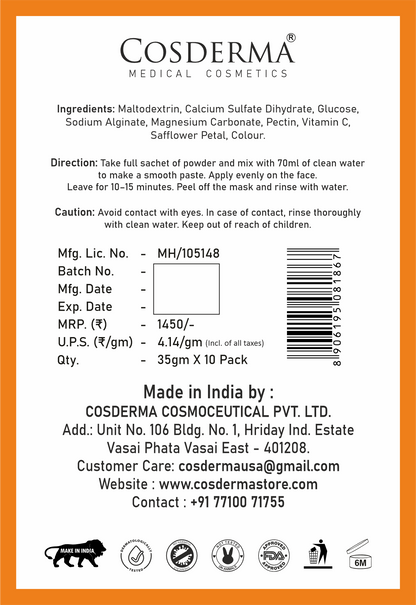 Cosderma Vitamin C Jelly Mask (10 x 35gm) – Brightening, Anti-Pigmentation & Glow Peel-Off Facial Mask