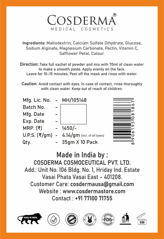 Cosderma Vitamin C Jelly Mask (10 x 35gm) – Brightening, Anti-Pigmentation & Glow Peel-Off Facial Mask