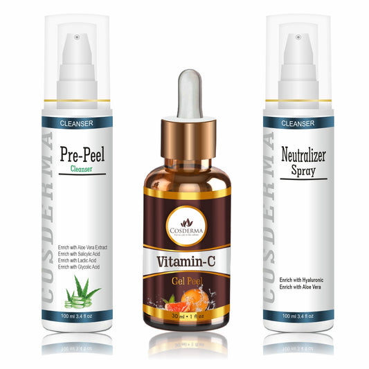 Cosderma Vitamin C Peel Combo – Pre Peel Cleanser, Vitamin C Gel Peel & Neutralizer Spray for Brightening, Anti-Pigmentation & Radiance Treatment