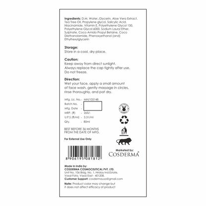 Cosderma Salicylic 2% Face Wash – Deep Cleansing Anti-Acne Face Wash with Tea Tree, Aloe Vera & Niacinamide for Clear, Oil-Free Skin