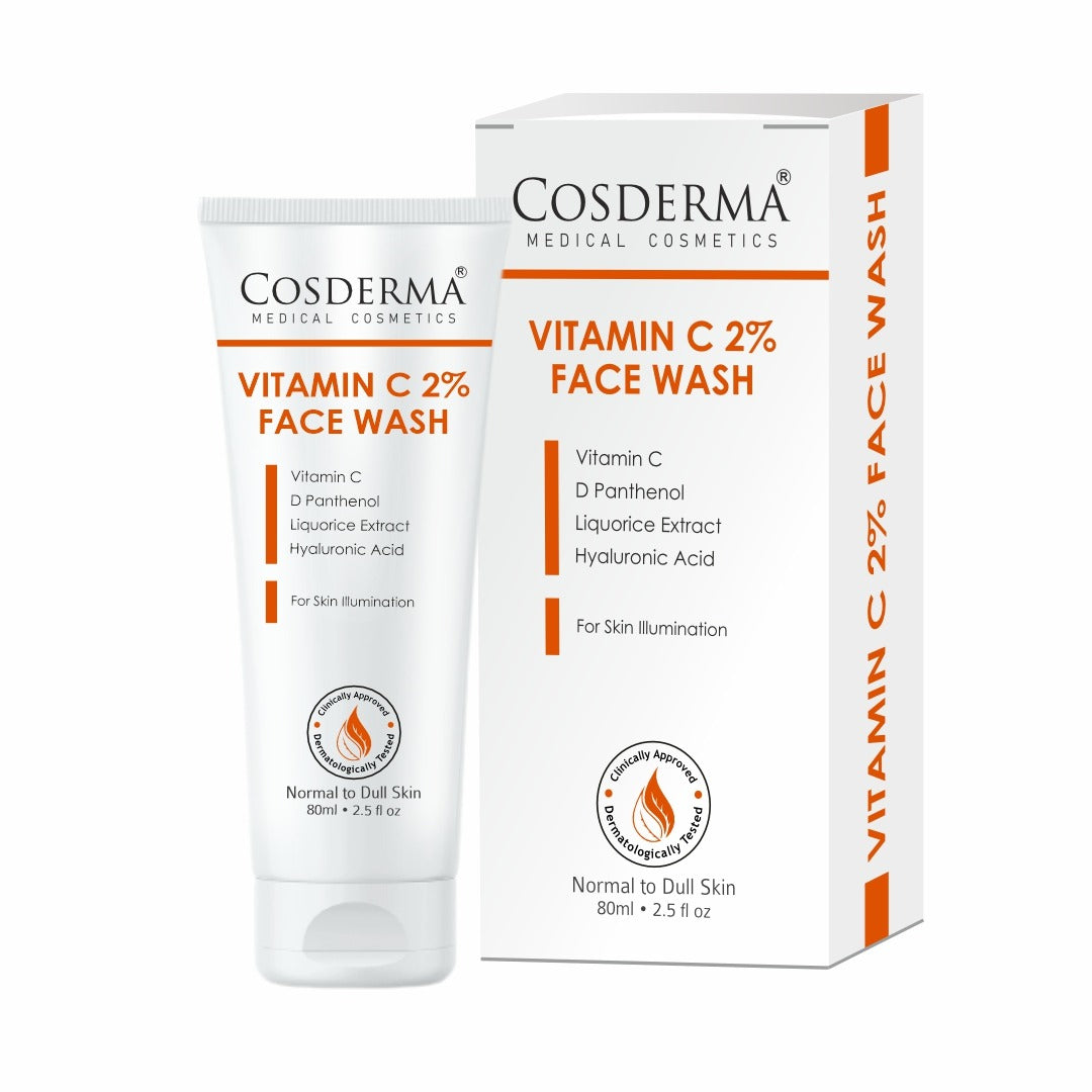 Cosderma Vitamin C 2% Face Wash – Brightening Cleanser with D-Panthenol, Licorice Extract & Hyaluronic Acid for Radiant, Glowing Skin