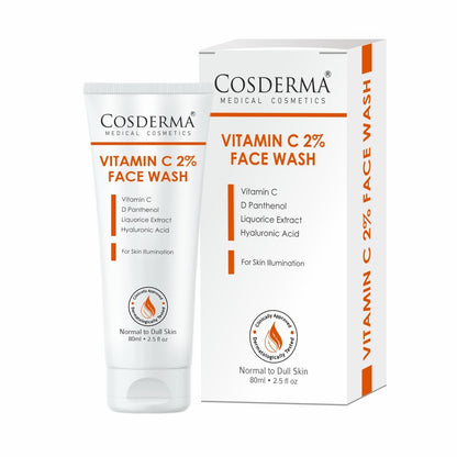 Cosderma Vitamin C 2% Face Wash – Brightening Cleanser with D-Panthenol, Licorice Extract & Hyaluronic Acid for Radiant, Glowing Skin