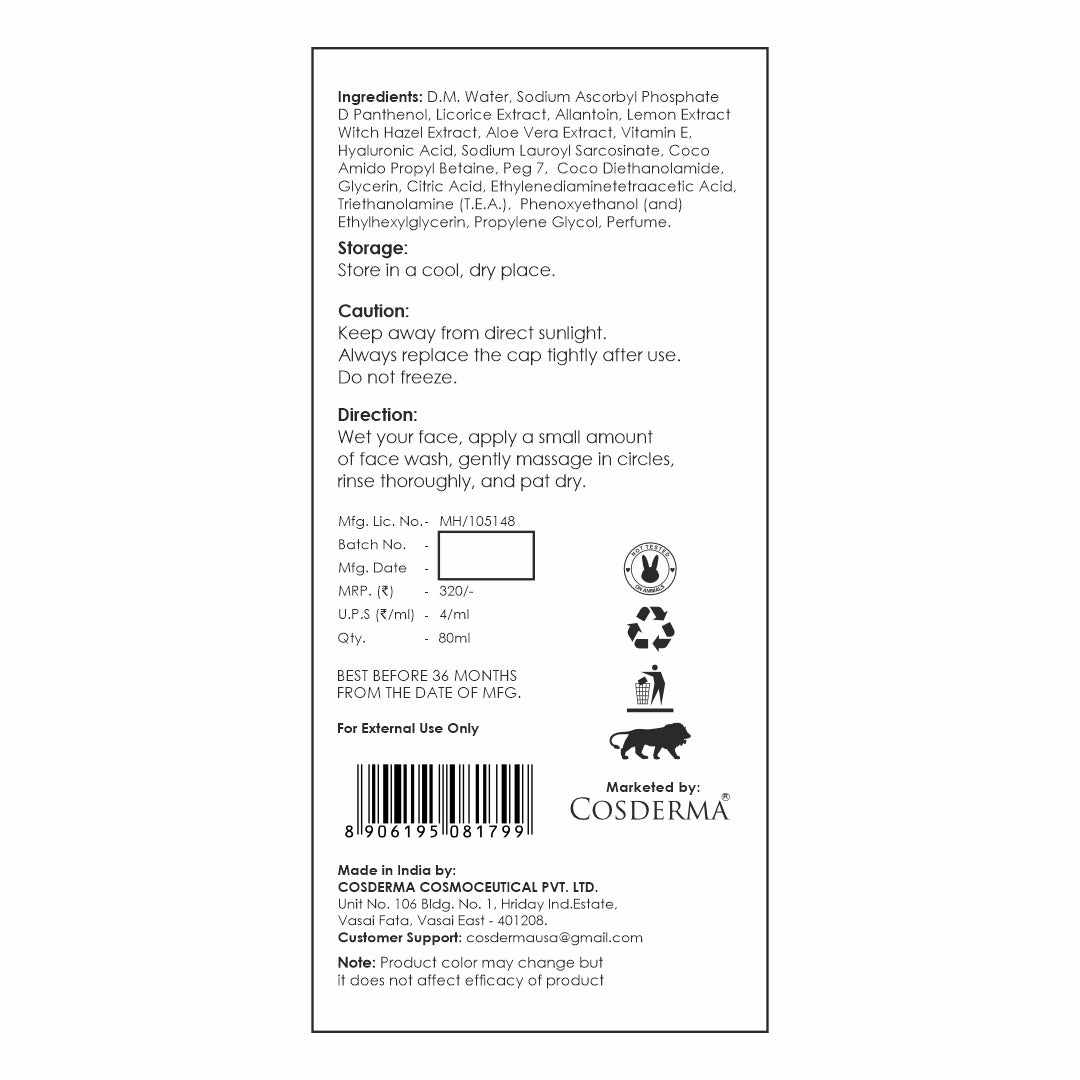 Cosderma Vitamin C 2% Face Wash – Brightening Cleanser with D-Panthenol, Licorice Extract & Hyaluronic Acid for Radiant, Glowing Skin