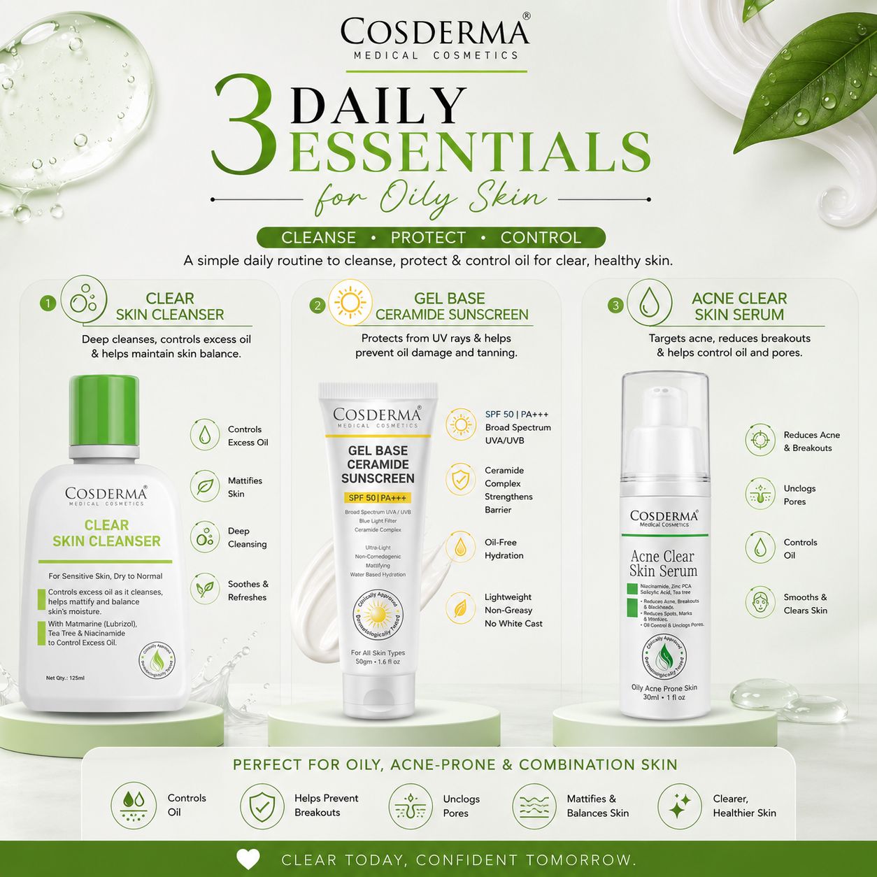 Cosderma Clear Skin Essentials Kit for Oily Skin 3 Step Daily Skincare Routine