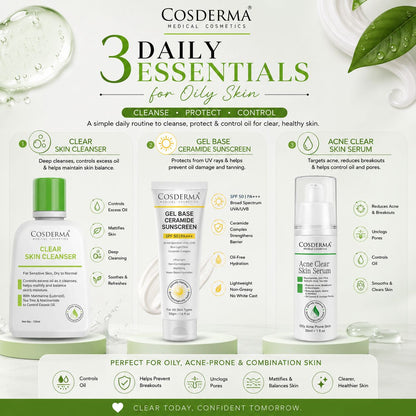Cosderma Clear Skin Essentials Kit for Oily Skin 3 Step Daily Skincare Routine