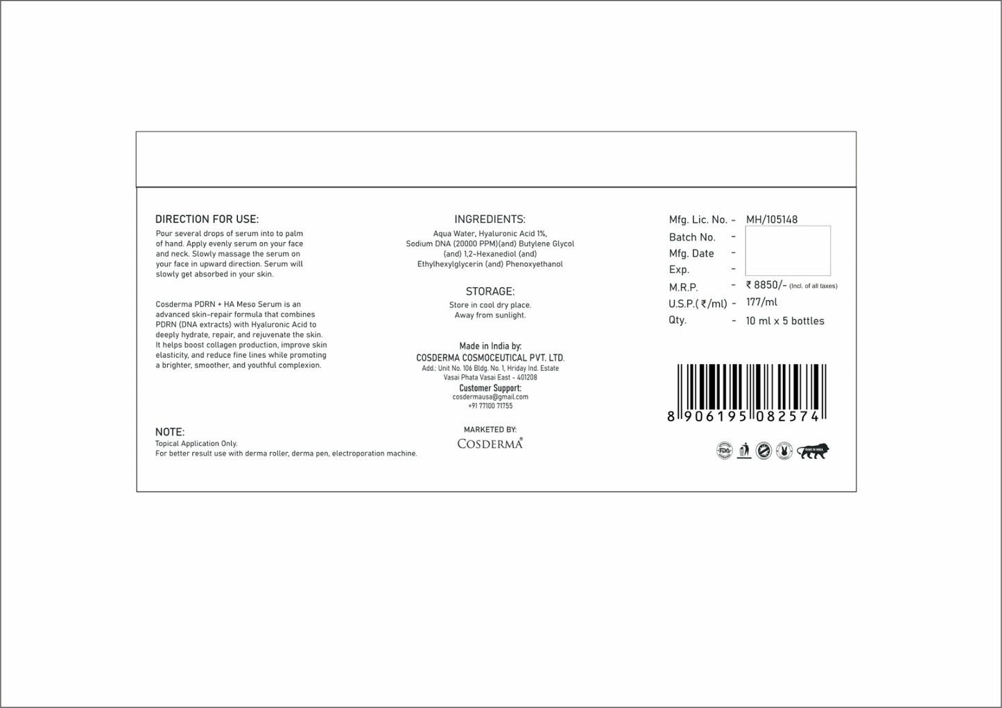 Cosderma Professional Meso Solution PDRN + HA – Wrinkle Reduction (10ml x 5 Bottles)