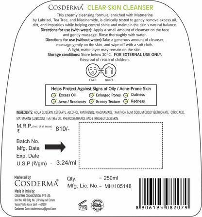 Cosderma Clear Skin Cleanser for Oily & Acne-Prone Skin – Oil Control & Mattifying Formula (250ml)