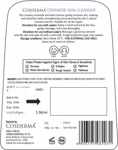 Cosderma Ceramide Skin Cleanser – Hydrating & Barrier Strengthening Cleanser for All Skin Types