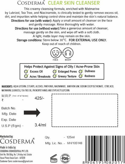 Cosderma Clear Skin Cleanser for Oily & Acne-Prone Skin – Oil Control & Mattifying Formula