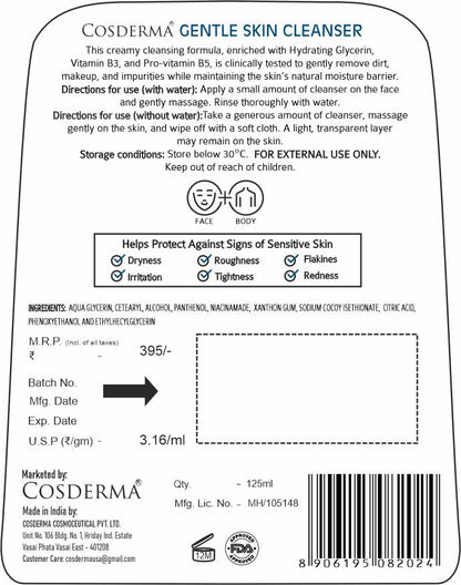 Cosderma Gentle Skin Cleanser for Sensitive & Dry to Normal Skin – Hydrating Creamy Formula
