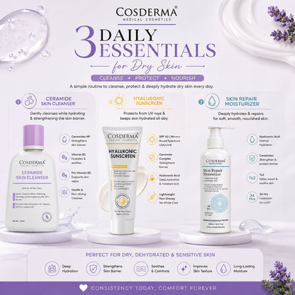 Cosderma 3-Step Dry Skin Care Kit | Cleanser, Sunscreen & Moisturizer