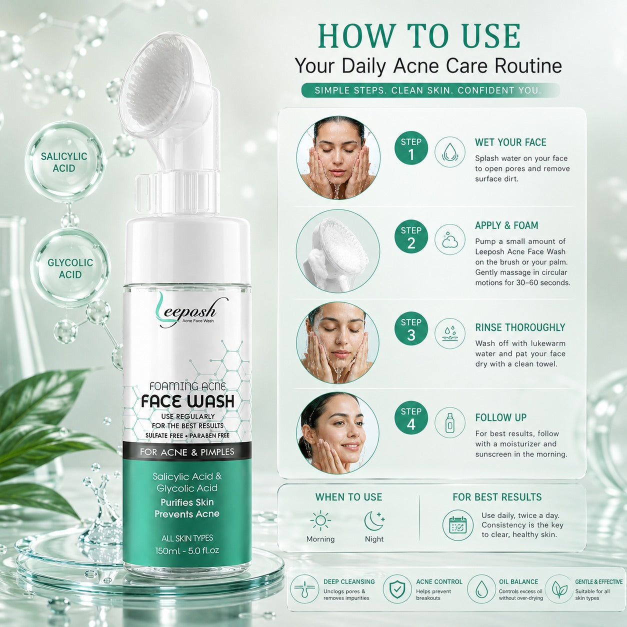 Leeposh Foaming Acne Face Wash - Tea Tree & Aloe Vera | 150ml