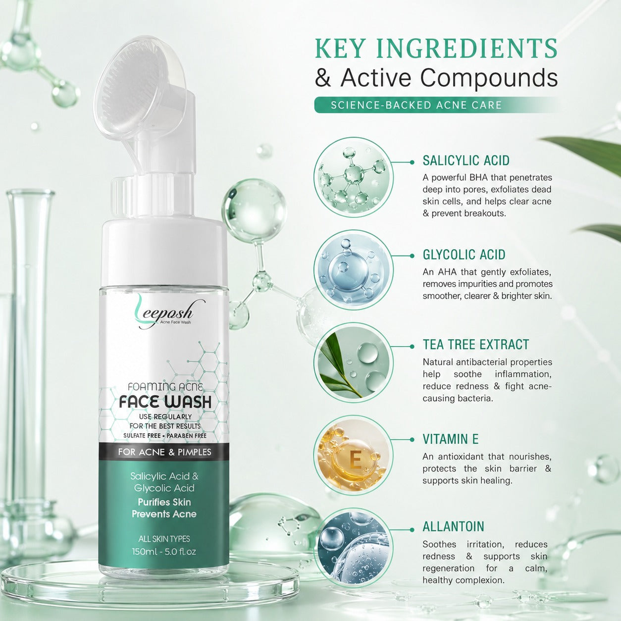 Leeposh Foaming Acne Face Wash - Tea Tree & Aloe Vera | 150ml