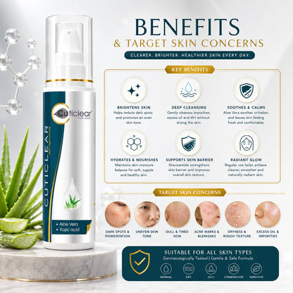 Cuticlear Skin Lightening Face Wash with Kojic Acid, Aloe Vera & Gold Dust – 100ml