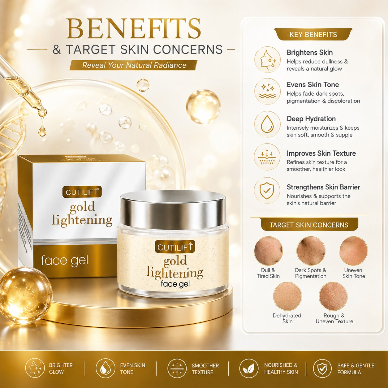 Cutilift Gold Lightening Face Gel | Smoothing, Lightening & Rejuvenating