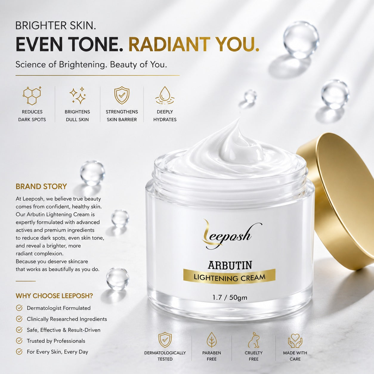 Leeposh Arbutin Lightening Cream with Vitamin C & Hyaluronic Acid | Skin Brightening & Anti-Aging Formula
