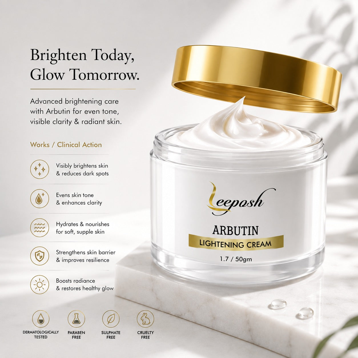 Leeposh Arbutin Lightening Cream with Vitamin C & Hyaluronic Acid | Skin Brightening & Anti-Aging Formula