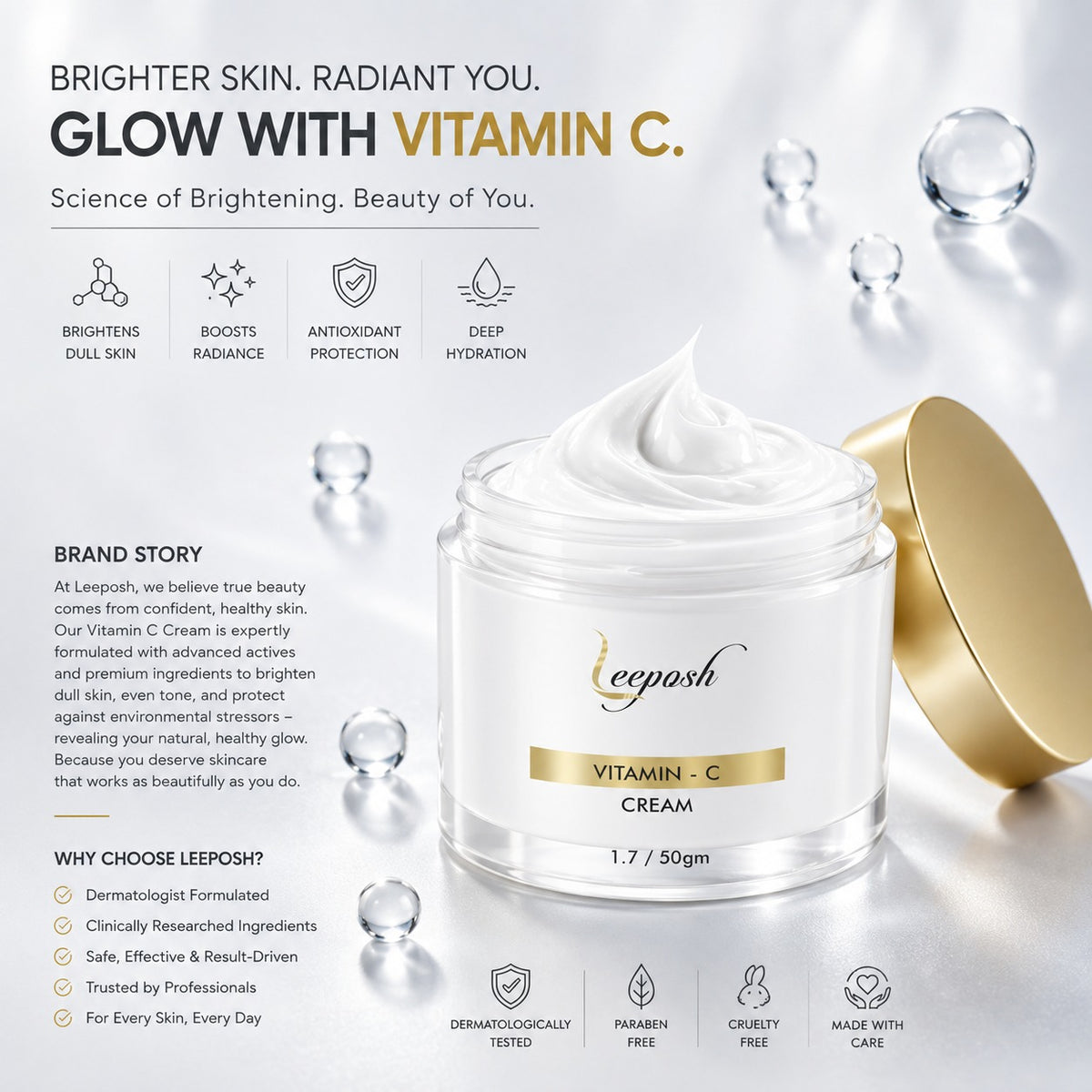 Leeposh Vitamin C Face Cream – Oil-Free, Quick Absorbing, Skin Brightening & Hydrating for All Skin Types