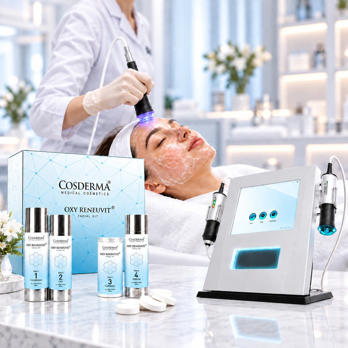 Cosderma Oxygeneo Reneuvit Facial Kit for Anti-Aging, Skin Renewal & Radiance – 4-Step Professional & Home Facial Kit, 10 Sessions