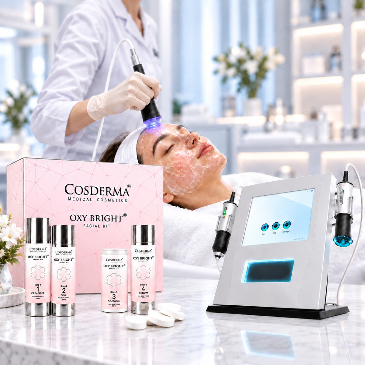 Cosderma Oxygeneo  Bright Facial Kit – 4-Step Brightening & Radiance Facial | Professional & Home Care | 10 Sessions
