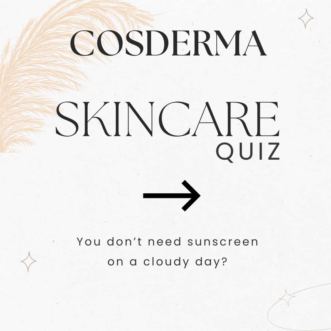 Cosderma skincare quiz question on a white background with decorative elements.