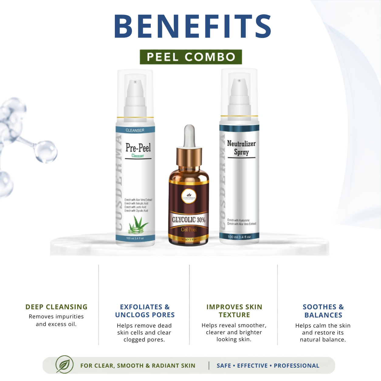 Cosderma Glycolic 30% Peel Combo – Pre Peel Cleanser, Glycolic Gel Peel & Neutralizer Spray for Acne, Pigmentation & Skin Renewal