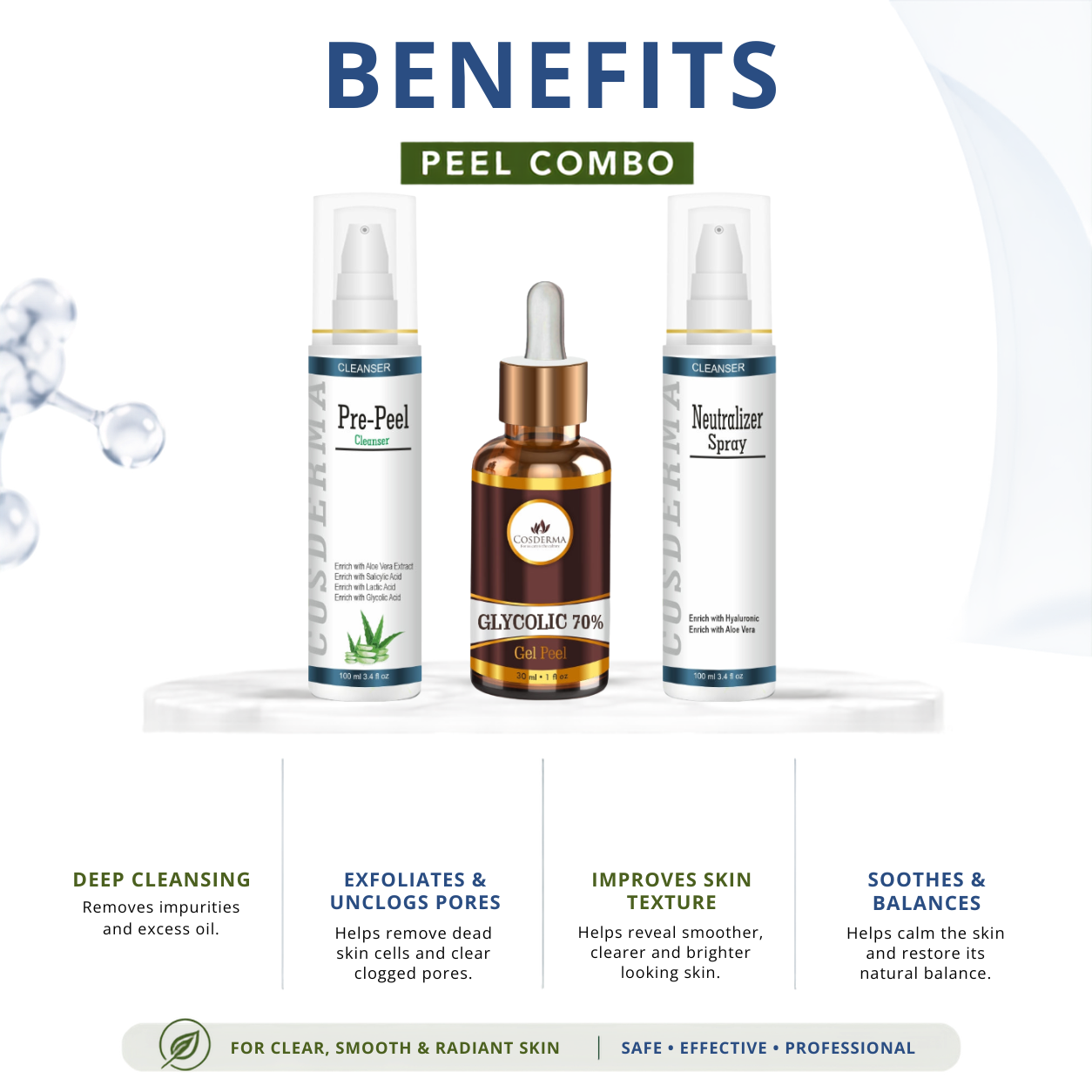 Cosderma Glycolic 70% Peel Combo – Pre Peel Cleanser, Glycolic Gel Peel & Neutralizer Spray for Advanced Exfoliation, Acne & Pigmentation