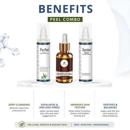 Cosderma Glycolic 70% Peel Combo – Pre Peel Cleanser, Glycolic Gel Peel & Neutralizer Spray for Advanced Exfoliation, Acne & Pigmentation