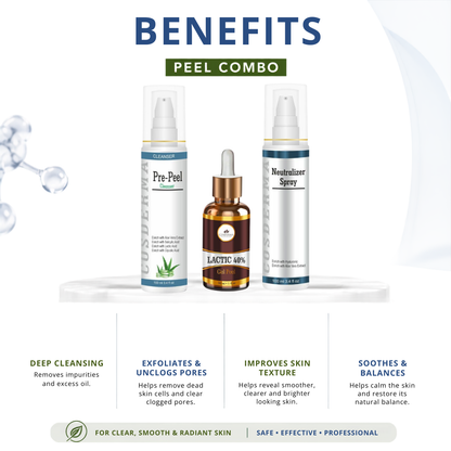 Cosderma Lactic 40% Peel Combo – Pre Peel Cleanser, Lactic Gel Peel & Neutralizer Spray for Pigmentation, Dullness & Skin Rejuvenation