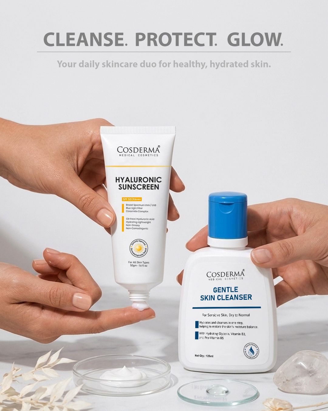 Cosderma gentle skin cleanser + Hylauronic Sunscreen Combo