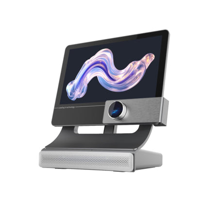 Modern electronic device with a screen displaying abstract graphics on a white background