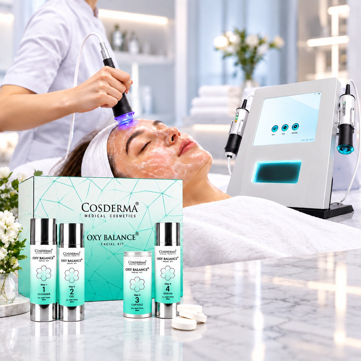 A spa treatment scene with a woman lying down while a therapist uses a handheld device on her face. In the foreground, a Cosderma Medical Cosmetics Oxy Balance Facial Kit box and four matching bottles are displayed on a marble counter, with a treatment machine in the background.
