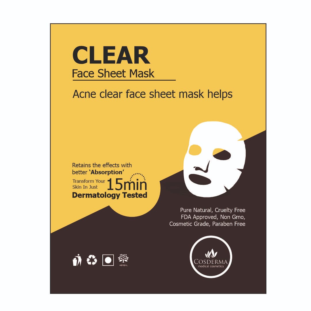 Clear face sheet mask packaging with yellow and black design on a white background